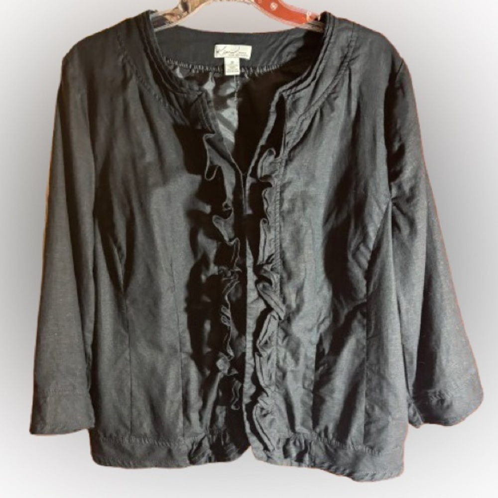 Kim Rogers Woman 1X Black Linen Ruffle Front Jacket Lined 3/4 Sleeve